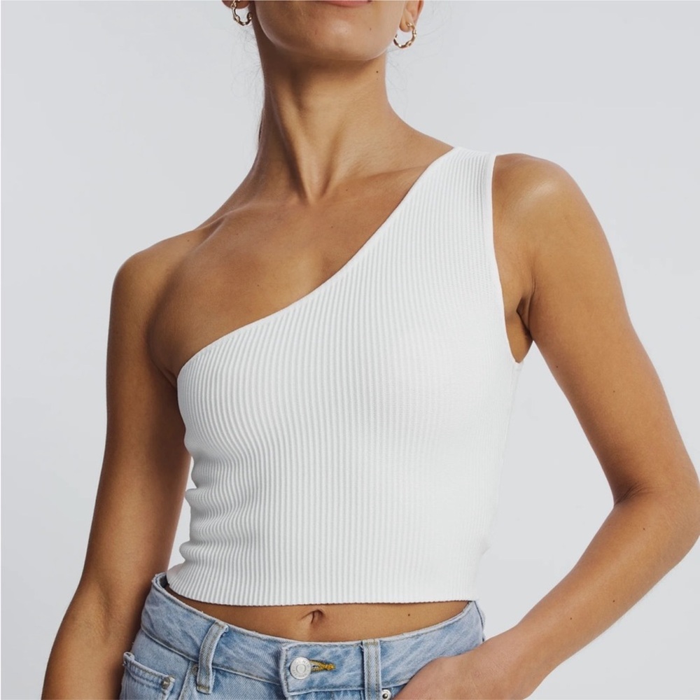 Babaton Sculp Knit One-Shoulder White Ribbed Top